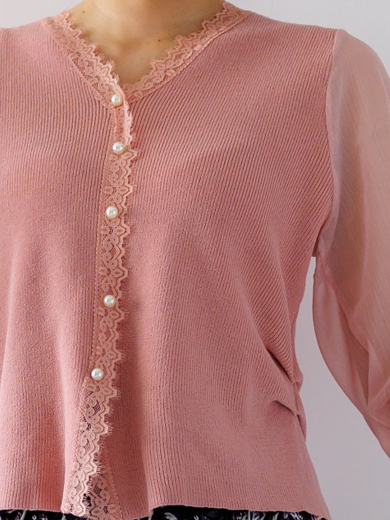 袖シフォン Vネックカーデ風ニット