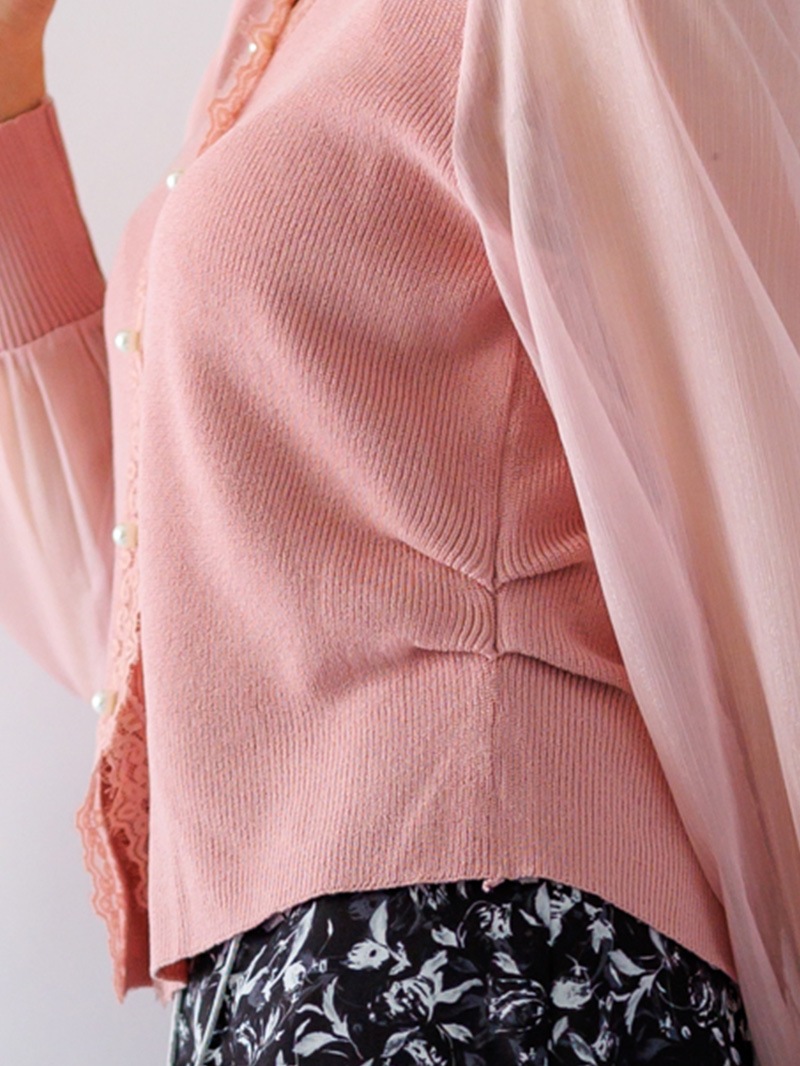 袖シフォン Vネックカーデ風ニット