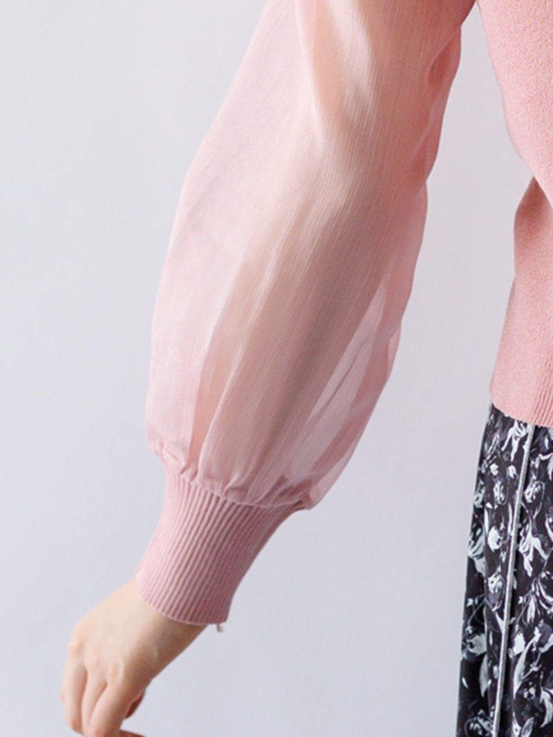 袖シフォン Vネックカーデ風ニット