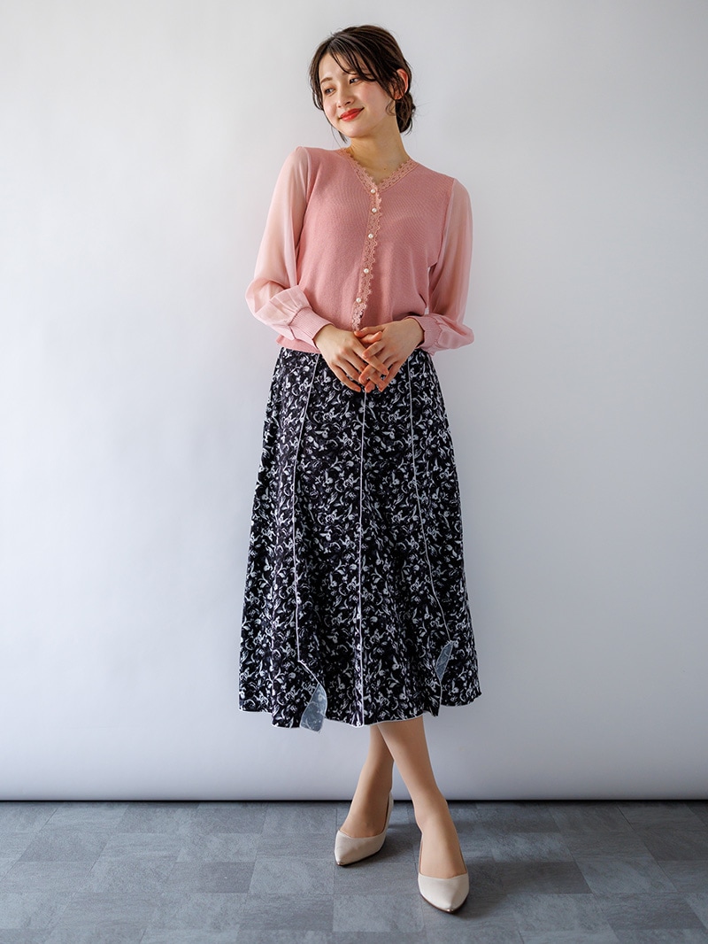 袖シフォン Vネックカーデ風ニット