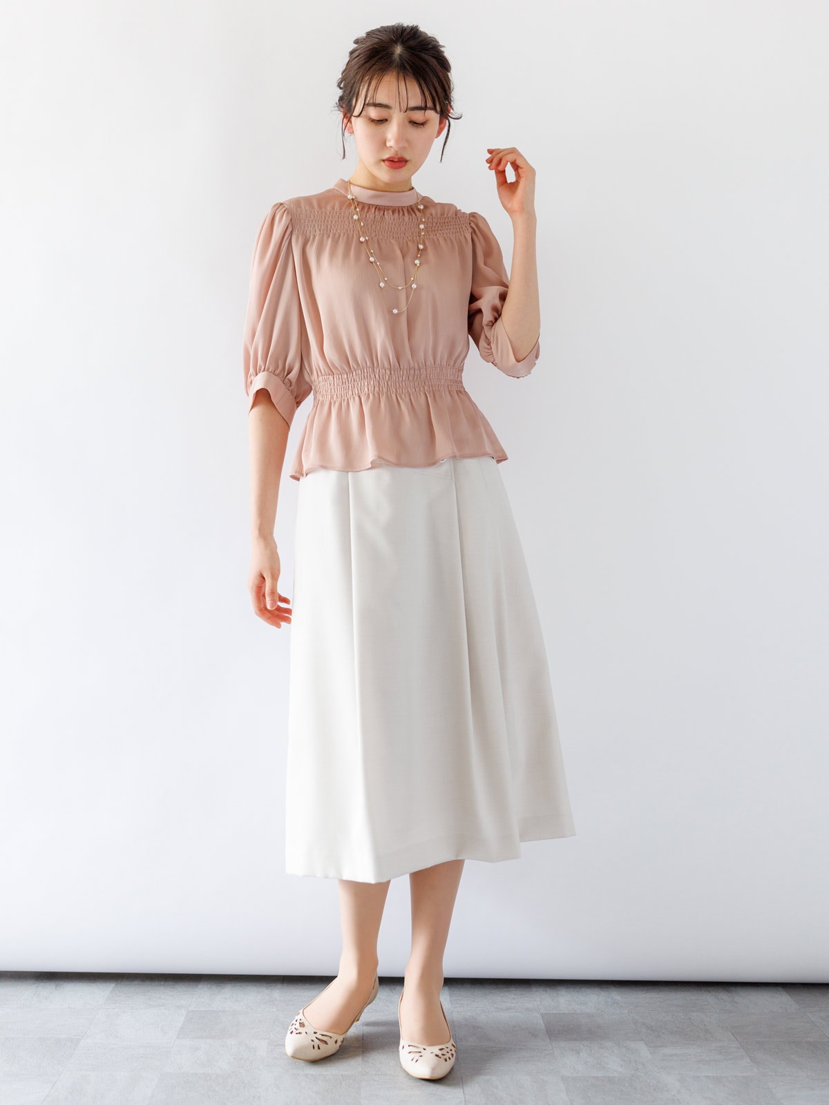 【SUMMER SALE】楊柳七分袖シャーリングブラウス