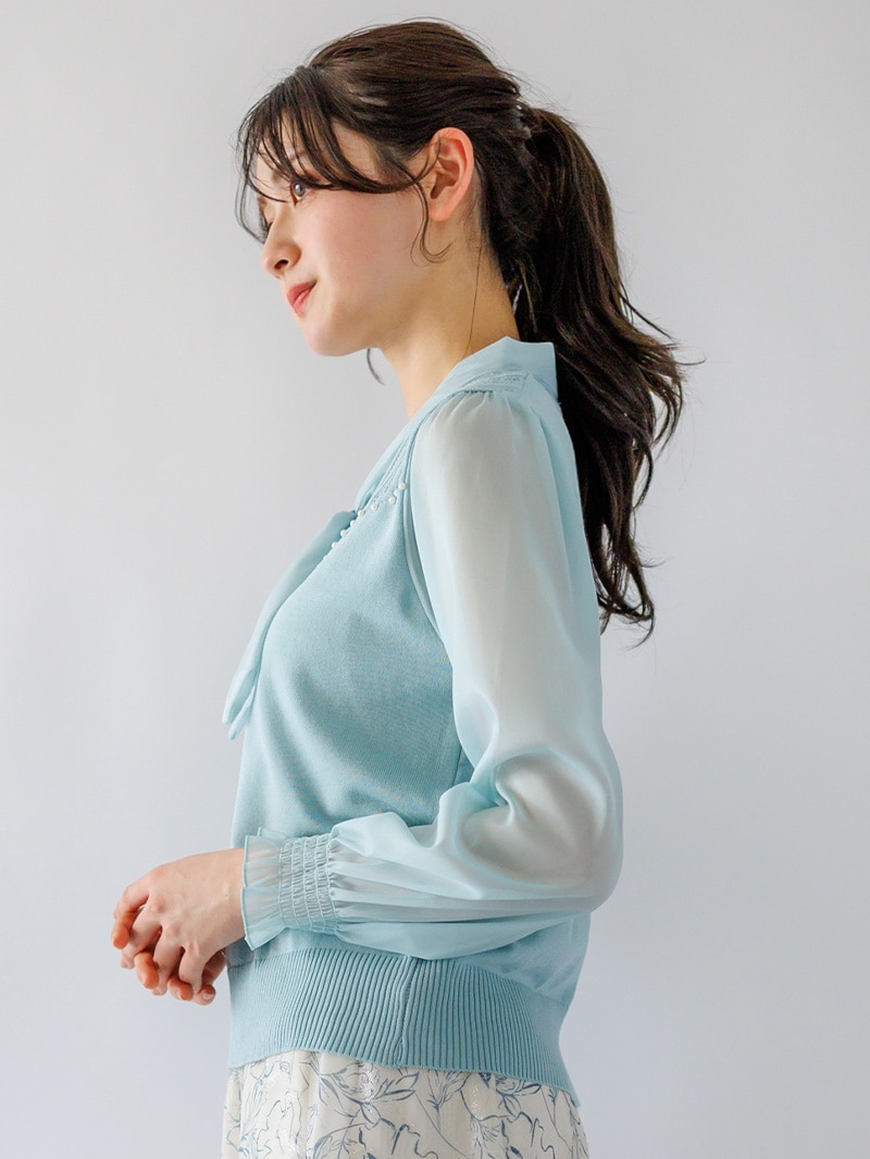 【65%OFF】部分シフォンボウタイニット