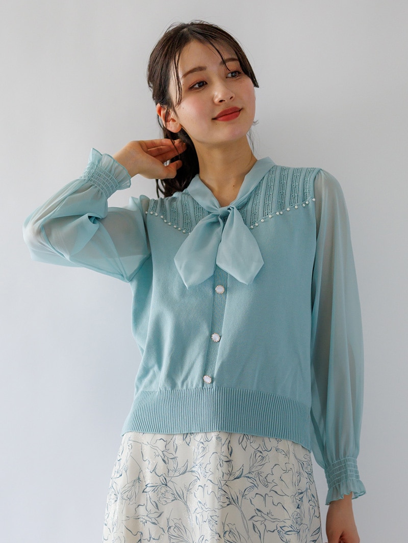【65%OFF】部分シフォンボウタイニット