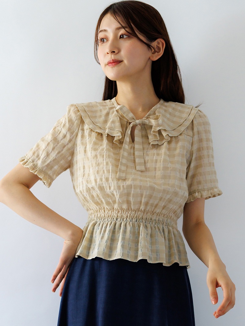 【春SALE】ｼｽﾞﾙﾁｪｯｸ ﾌﾘﾙ衿ｼｬｰﾘﾝｸﾞﾌﾞﾗｳｽ