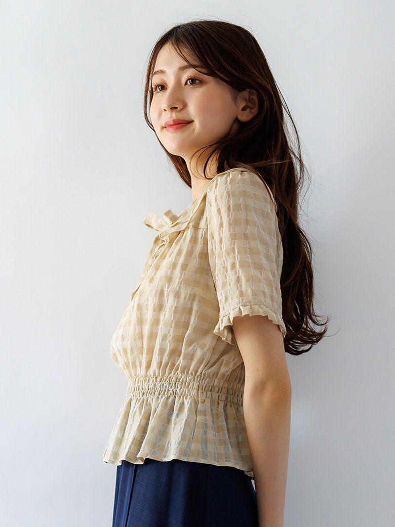 【春SALE】ｼｽﾞﾙﾁｪｯｸ ﾌﾘﾙ衿ｼｬｰﾘﾝｸﾞﾌﾞﾗｳｽ