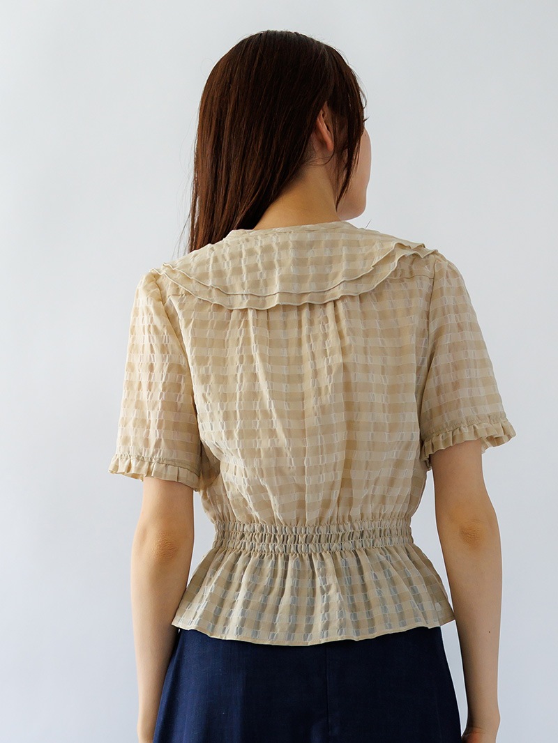 【春SALE】ｼｽﾞﾙﾁｪｯｸ ﾌﾘﾙ衿ｼｬｰﾘﾝｸﾞﾌﾞﾗｳｽ