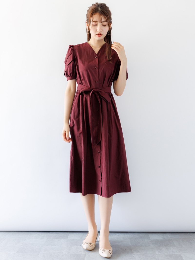 SINME 半袖シャツワンピース M バーガンディ Vあきシャツワンピース｜KarLParkLane Style ONLINE SHOP