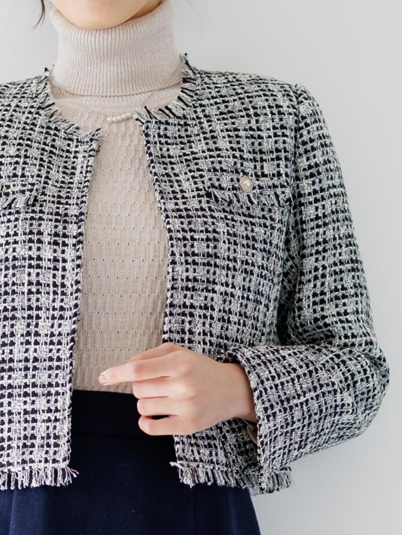 ファニーツイードフリンジノーカラージャケット＜女子アナ
