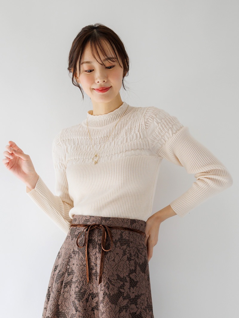 【30%OFF】シャーリング×リブハイネックニット