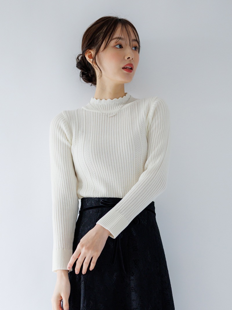 【30%OFF】シャーリング×リブハイネックニット