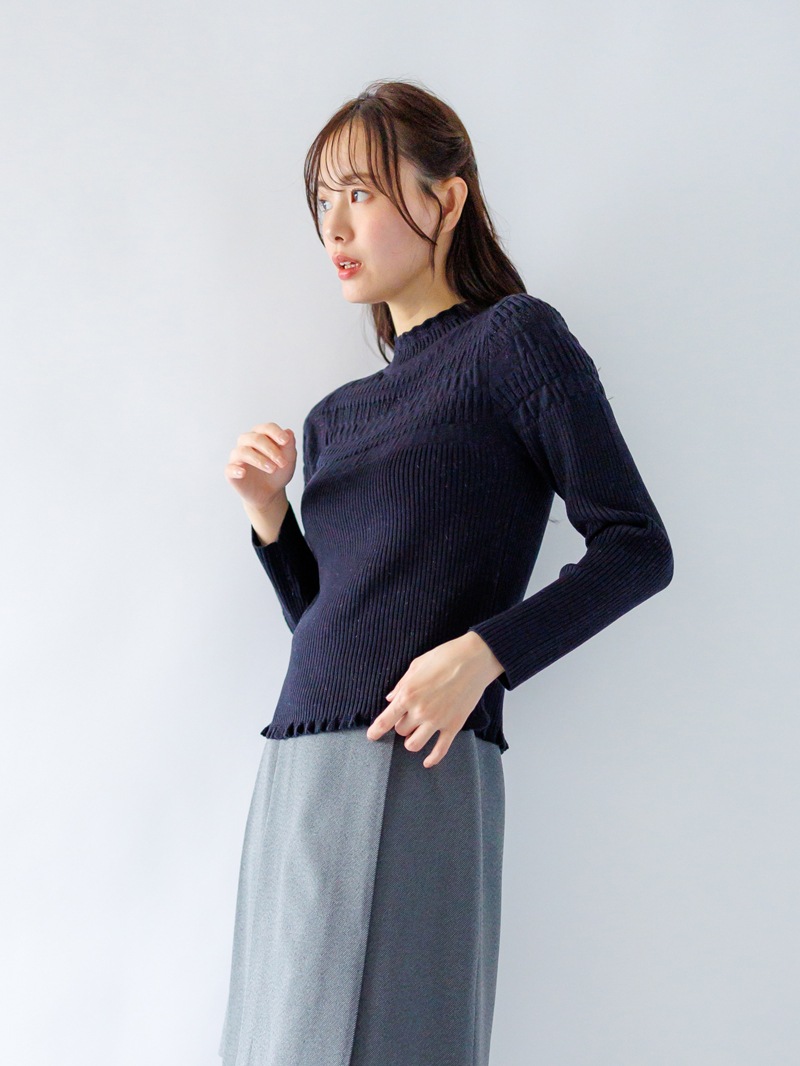 【30%OFF】シャーリング×リブハイネックニット