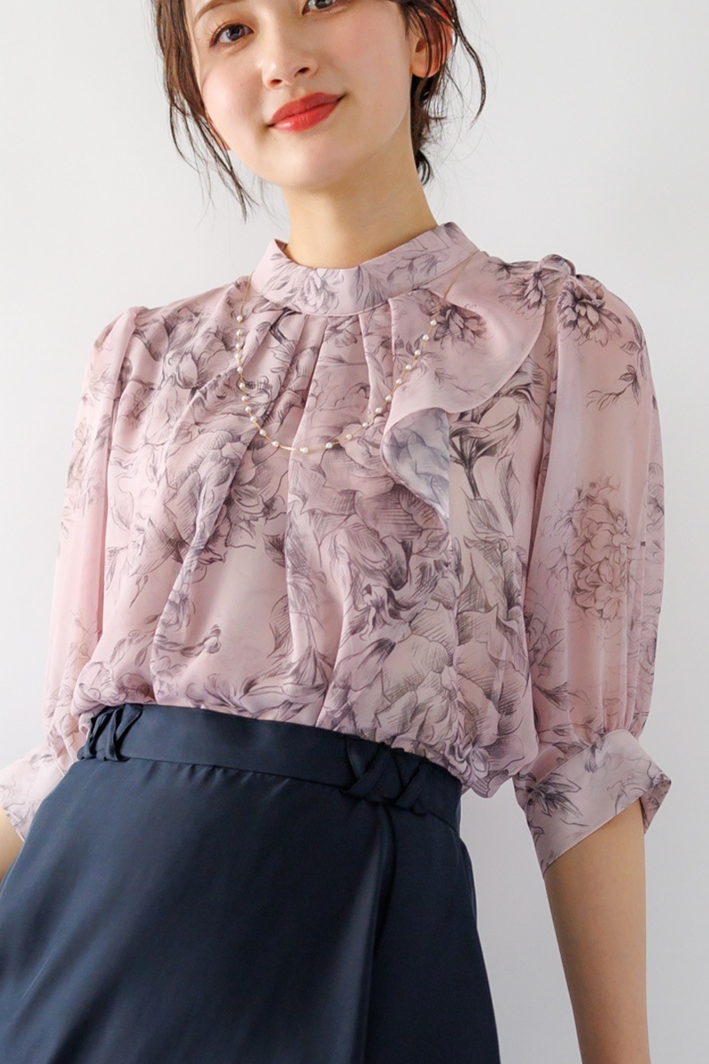 ＊20倍ポイント＊花柄立衿ラッフルブラウス