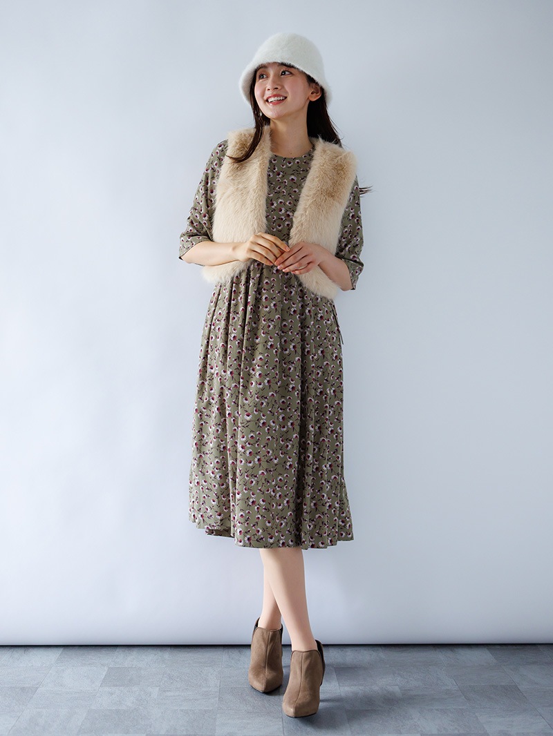 プリントドローストリングワンピース<秋コーデ>