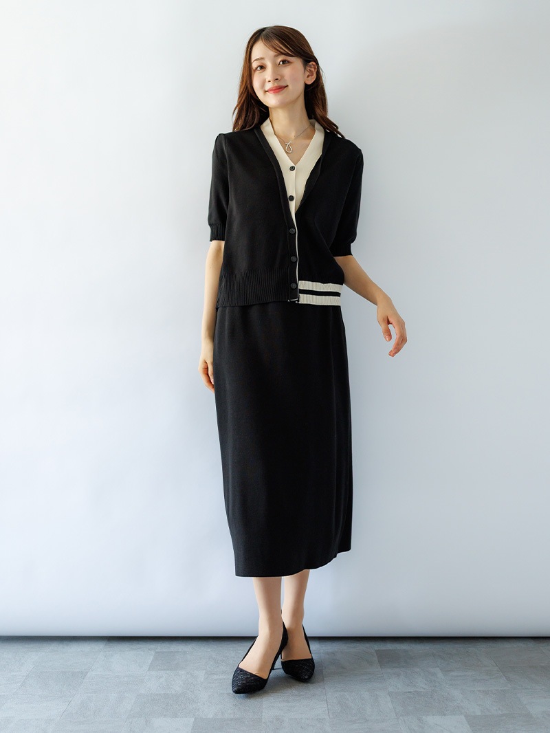 配色Vカーデ＆スカートセットアップ