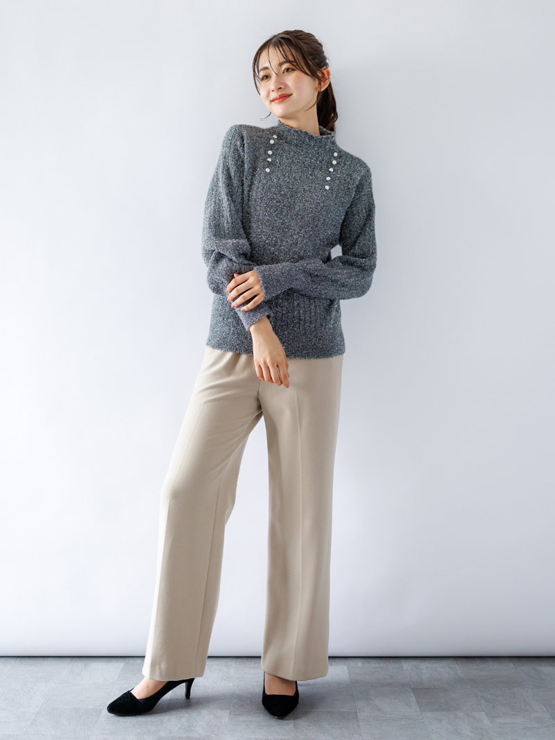 【50%OFF】ラメミンクライクファーパール釦付きリブハイネック