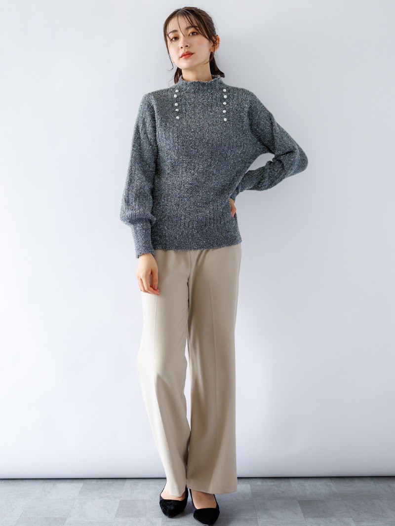 【50%OFF】ラメミンクライクファーパール釦付きリブハイネック