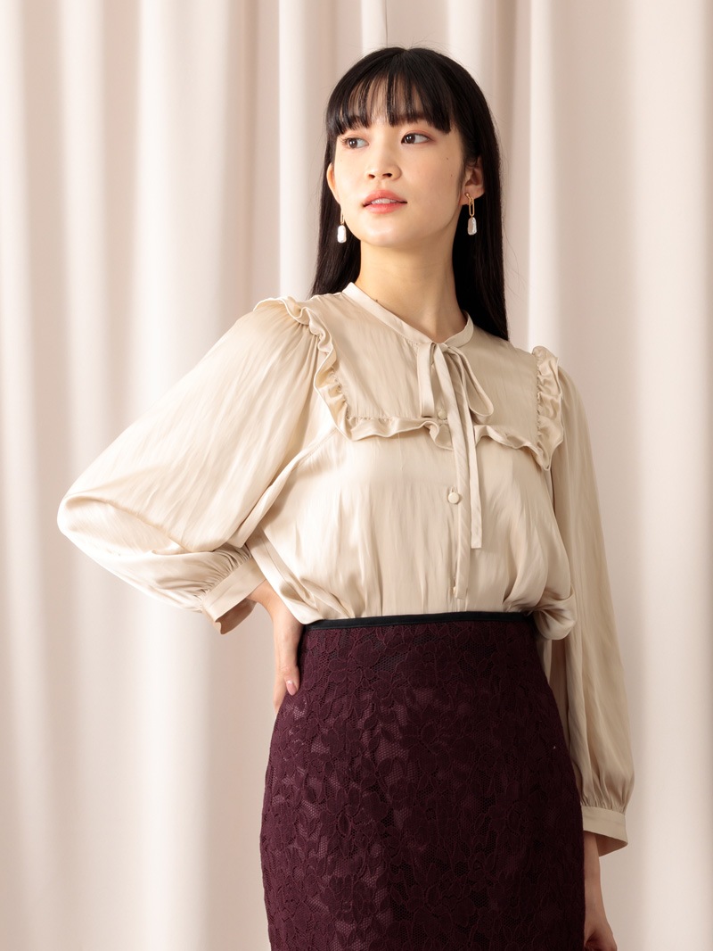 サテンビブディティールビッグスリーブブラウス＜アウトレット均一価格＞
