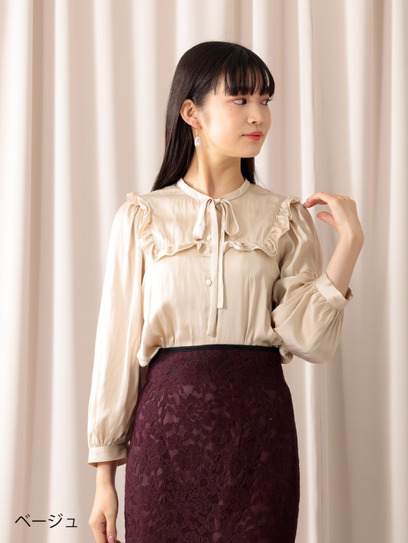 サテンビブディティールビッグスリーブブラウス＜アウトレット均一価格＞