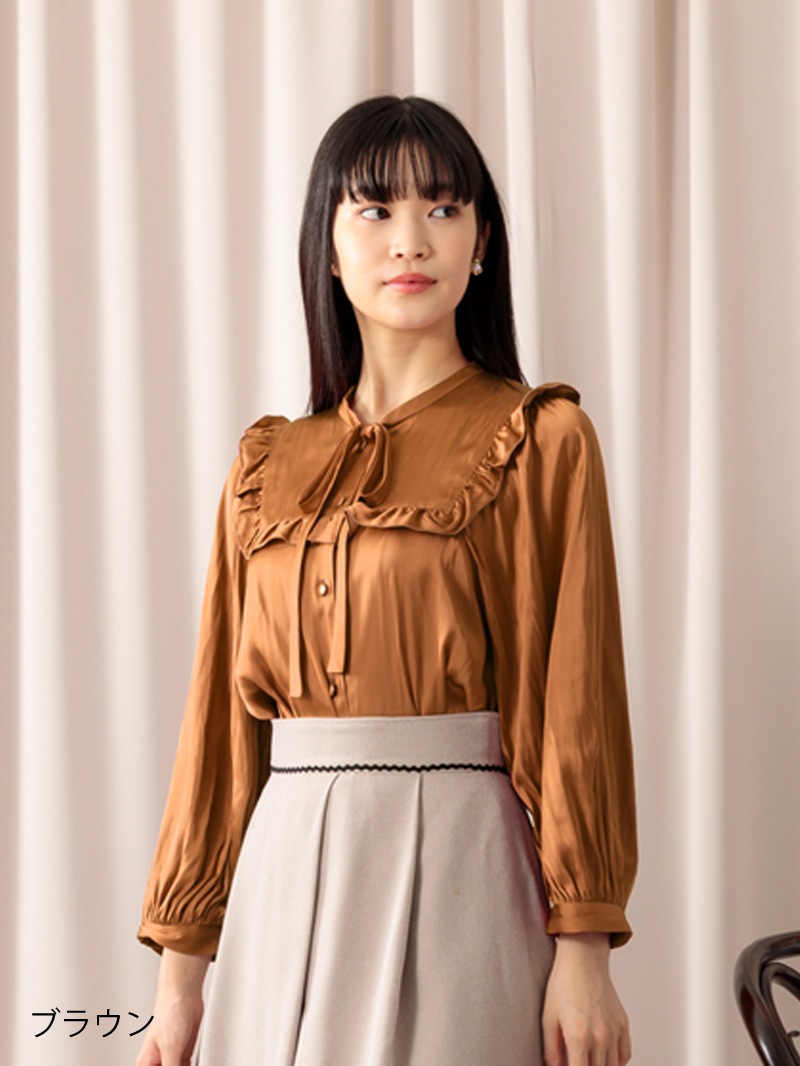 サテンビブディティールビッグスリーブブラウス＜アウトレット均一価格＞