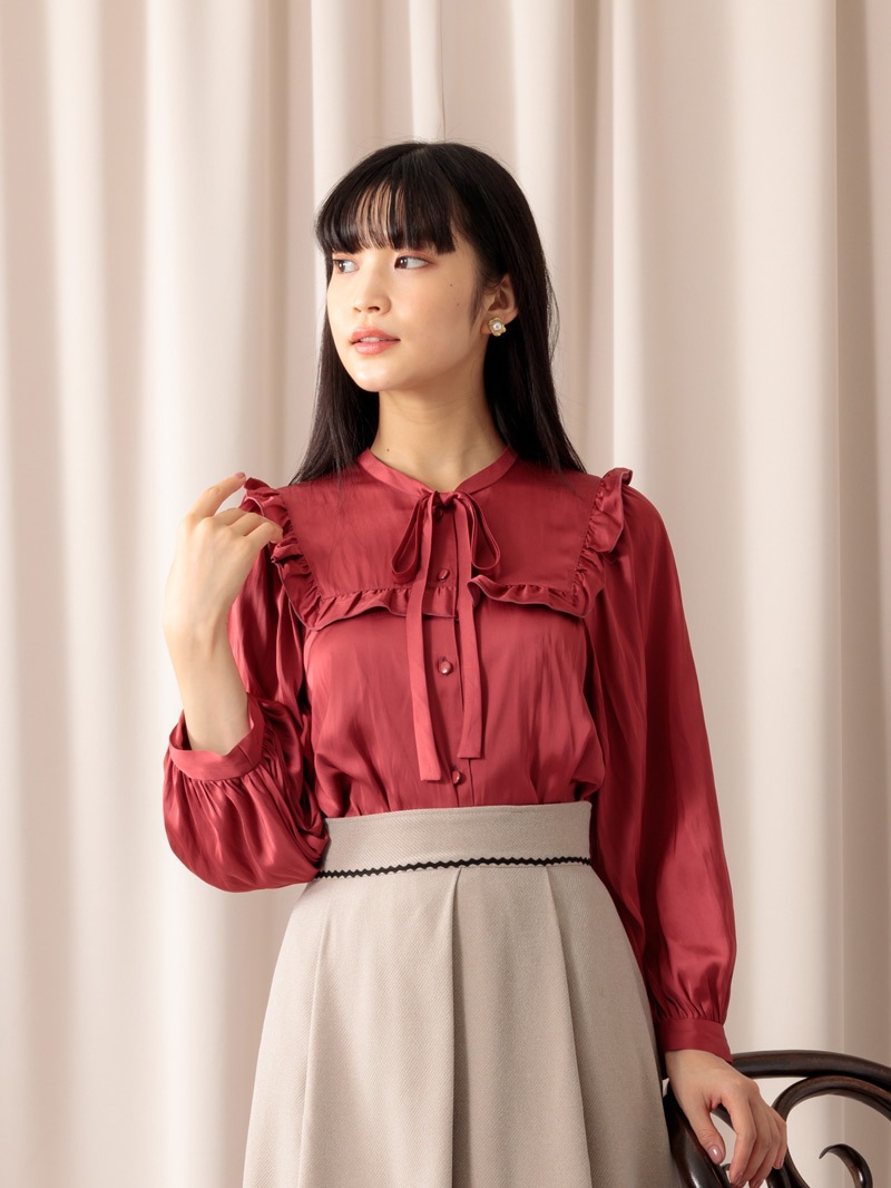 サテンビブディティールビッグスリーブブラウス＜アウトレット均一価格＞
