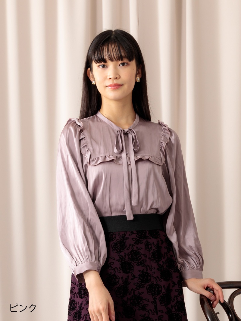 サテンビブディティールビッグスリーブブラウス＜アウトレット均一価格＞