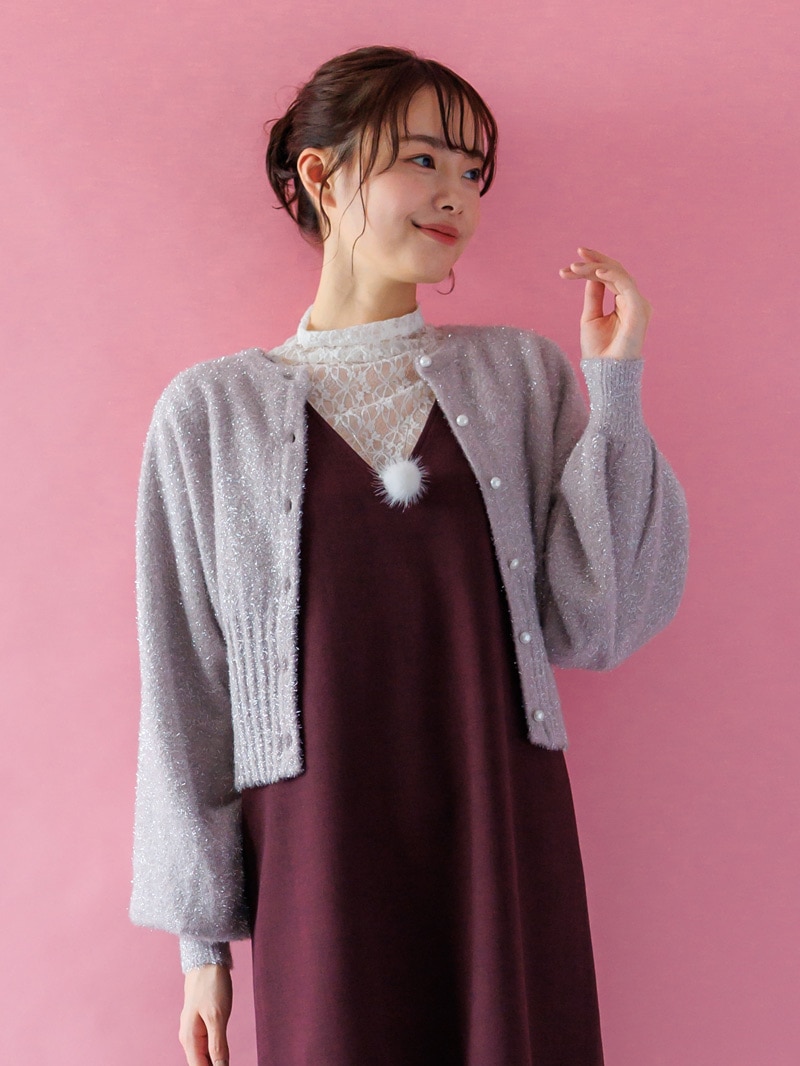 ラメミンクライクファー丸首ドルマンカーデ