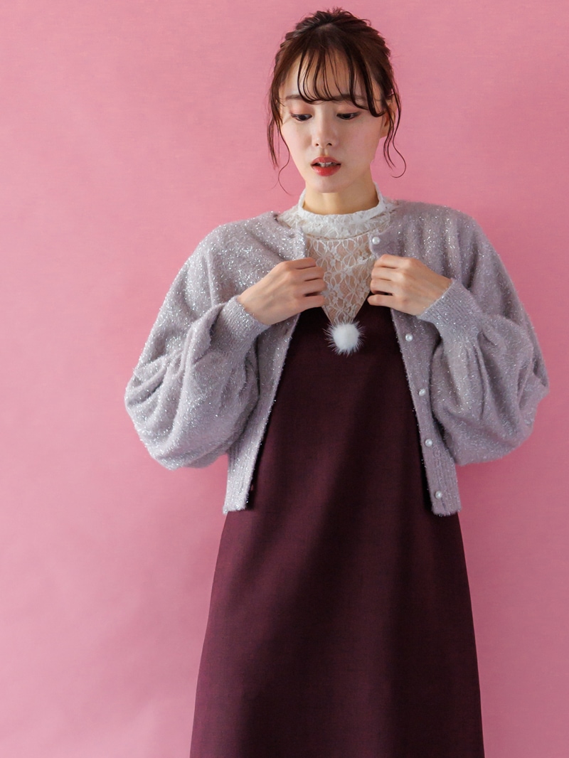 ラメミンクライクファー丸首ドルマンカーデ