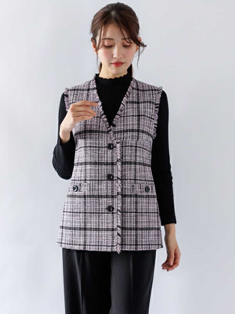 【50%OFF】格子ツィード フリンジジレ