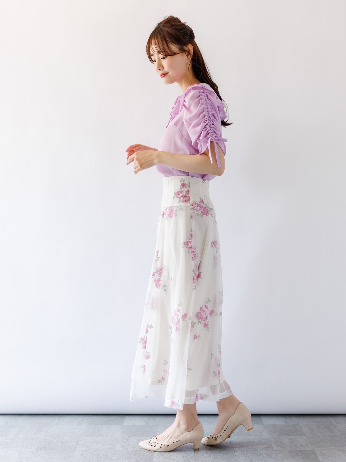 ブラウス3,500円】ジョーゼット袖ギャザービッグカラーブラウス