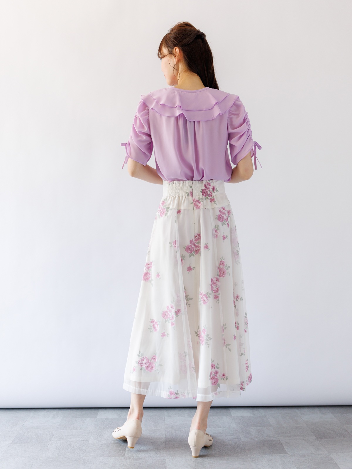 ジョーゼット袖ギャザービッグカラーブラウス