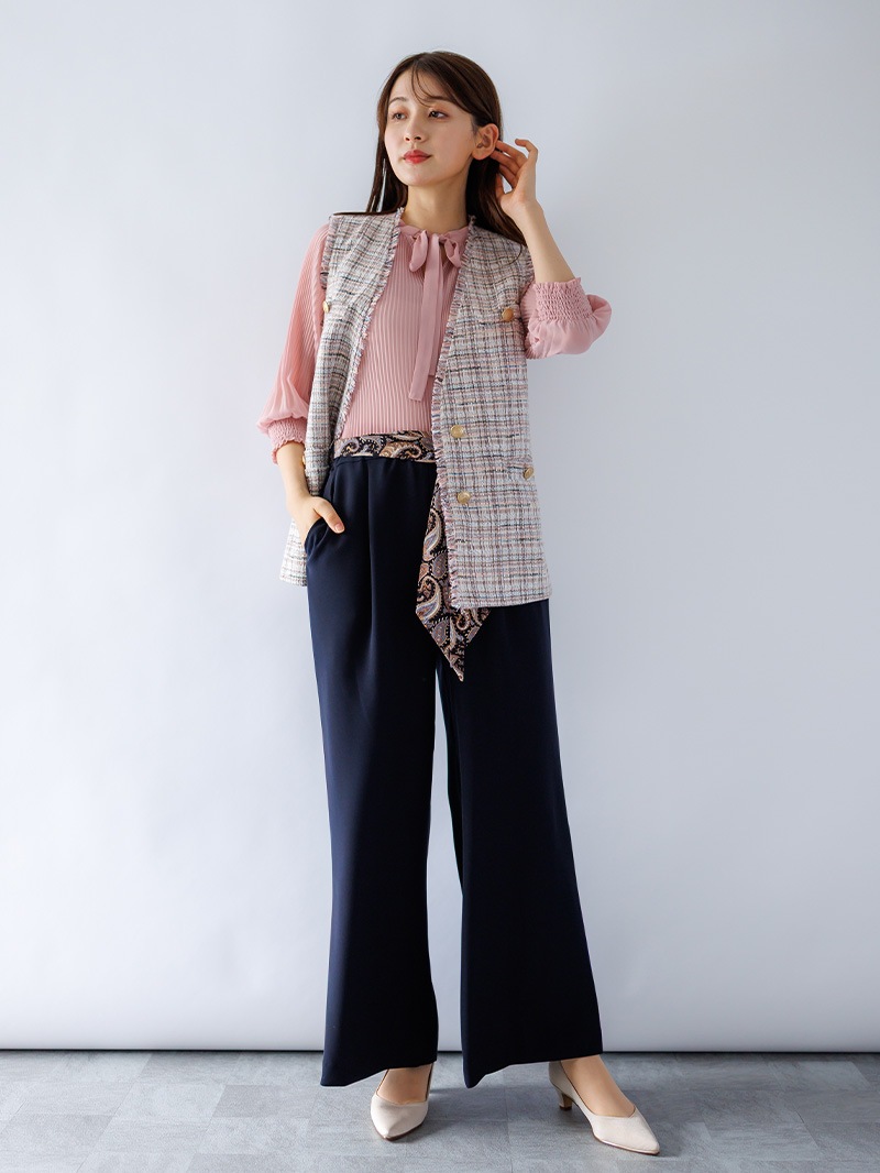 スカーフ付ストレッチ太身パンツ＜秋コーデ＞