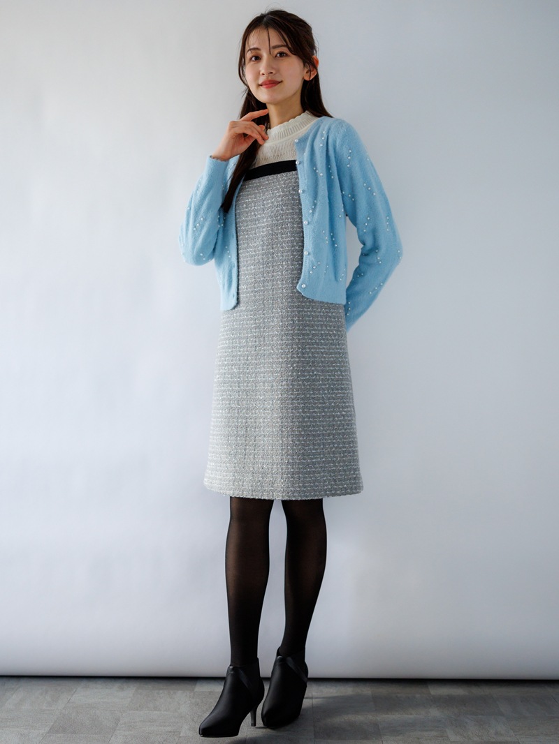 ミンクライクファーパール×柄丸首カーディガン＜アウトレット均一価格