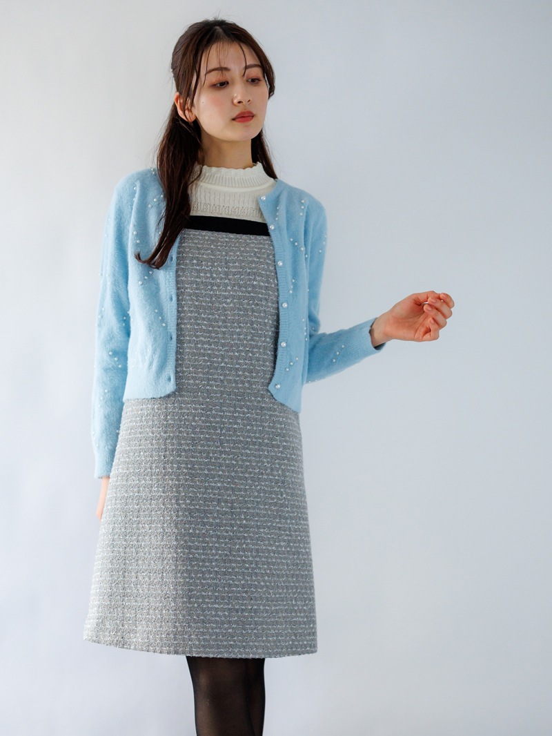 【60％OFF】ミンクライクファーパール×柄丸首カーディガン