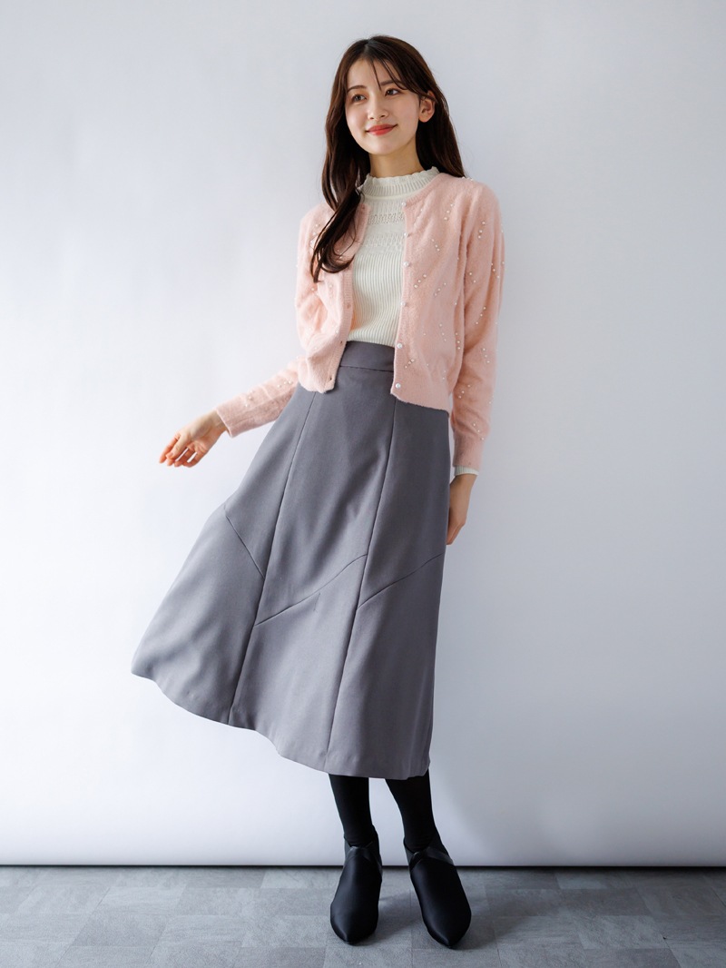 【60％OFF】ミンクライクファーパール×柄丸首カーディガン