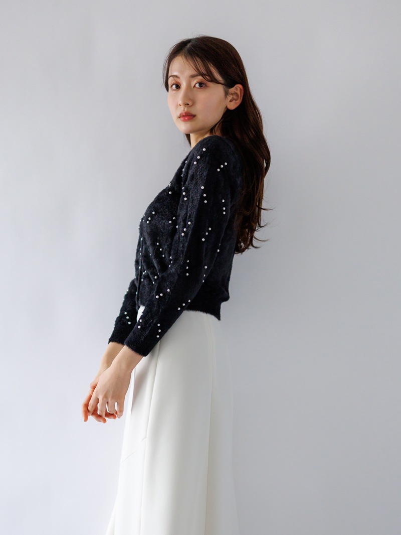 【60％OFF】ミンクライクファーパール×柄丸首カーディガン