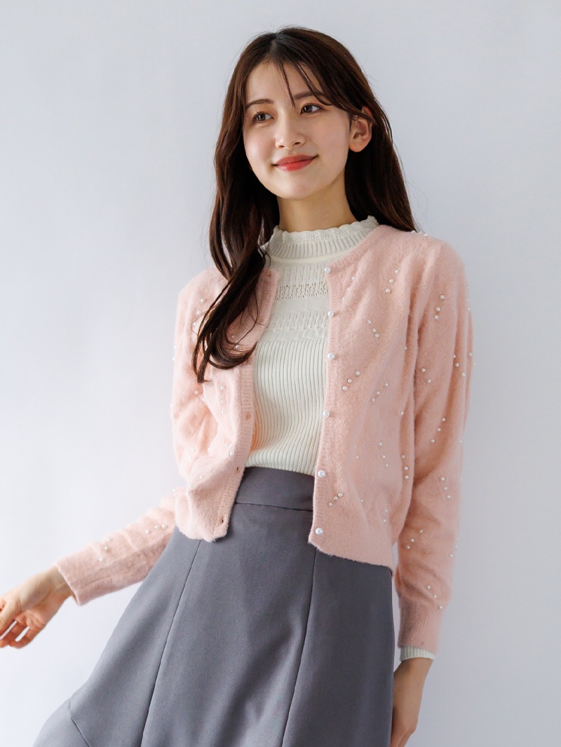 ミンクライクファーパール×柄丸首カーディガン＜アウトレット均一価格