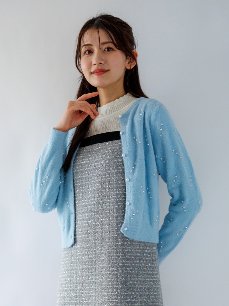 【60％OFF】ミンクライクファーパール×柄丸首カーディガン