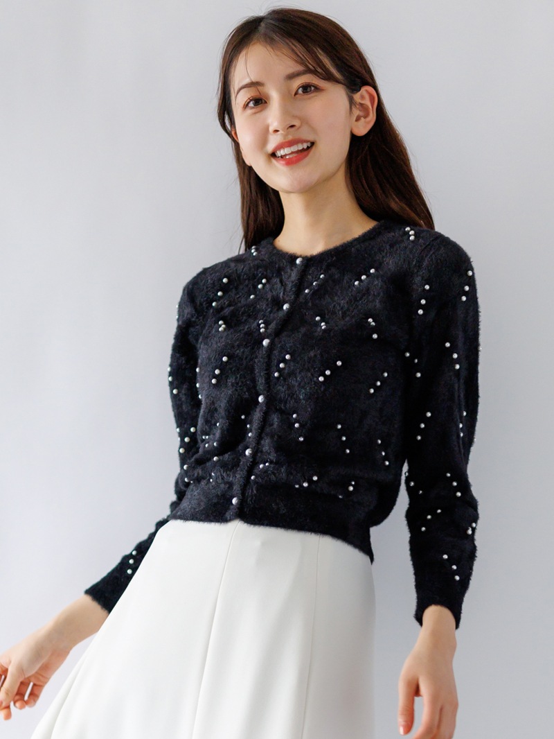 【60％OFF】ミンクライクファーパール×柄丸首カーディガン