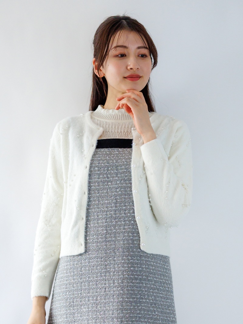 ミンクライクファーパール×柄丸首カーディガン＜アウトレット均一価格