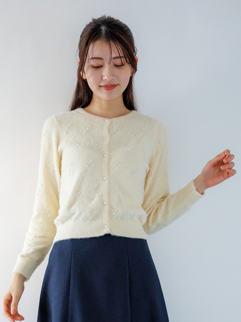 【60％OFF】ミンクライクファーパール×柄丸首カーディガン