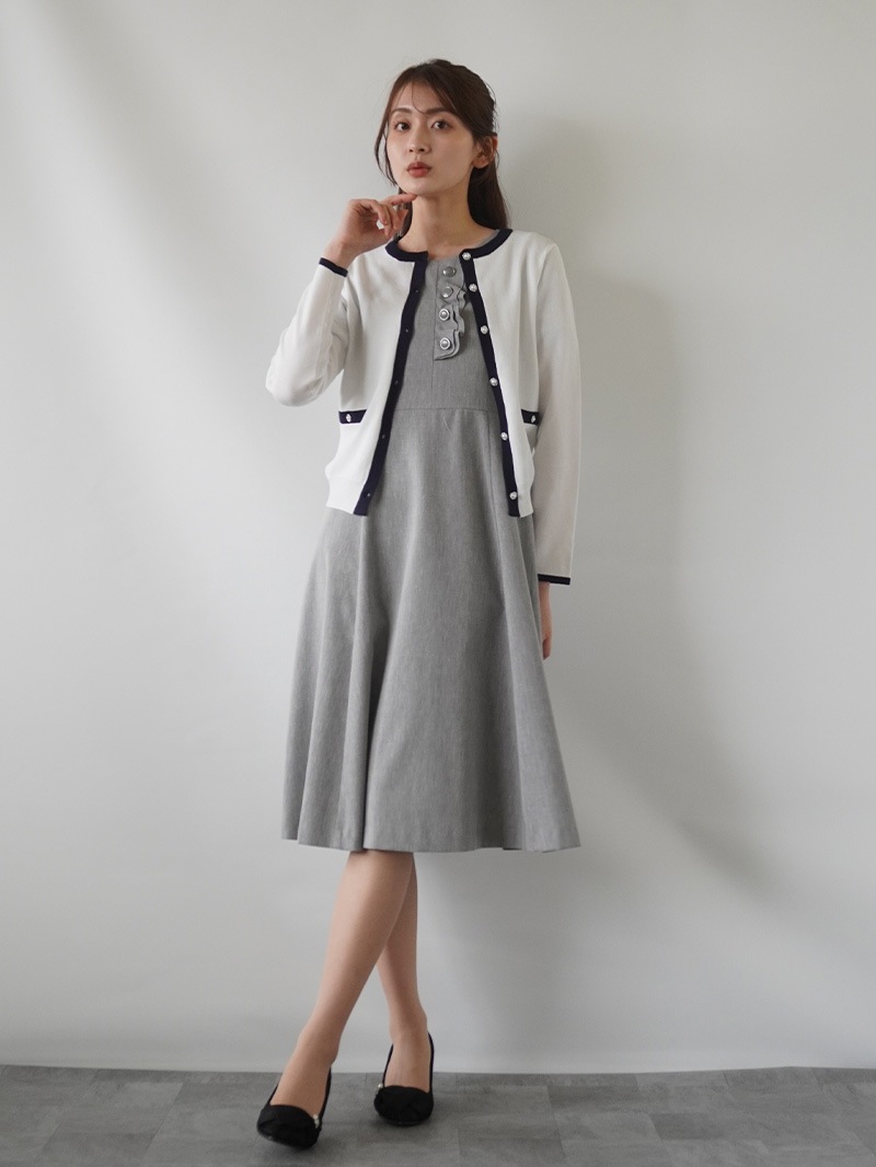 【20％OFF】デニムシャンブレー前フリルワンピース