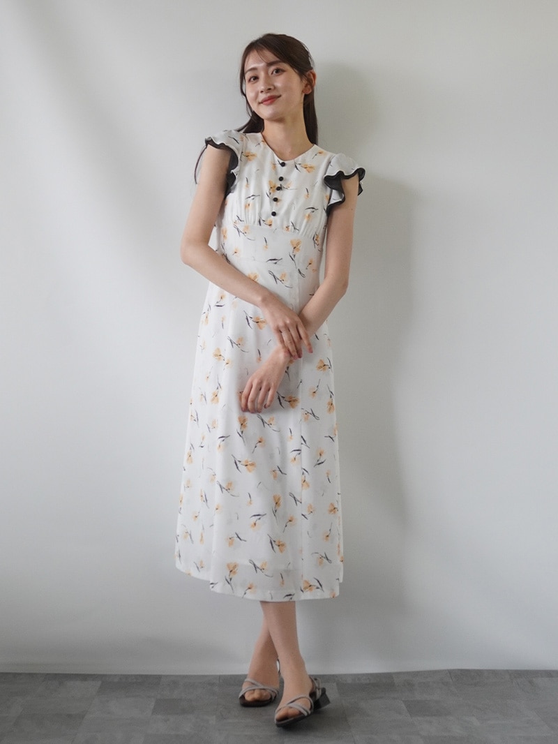 【20％OFF】花柄プリントフリル袖ワンピース