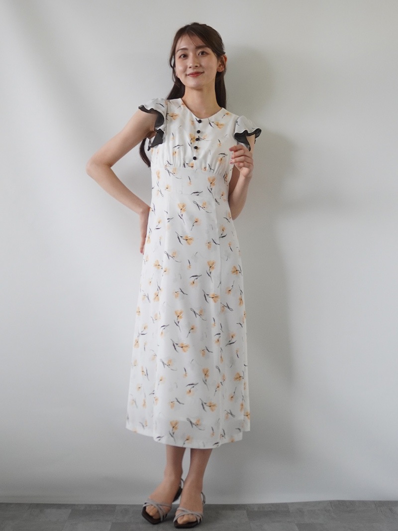【20％OFF】花柄プリントフリル袖ワンピース