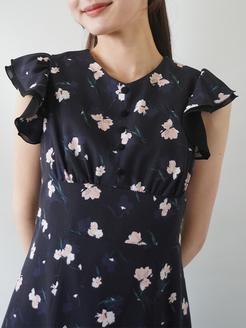 【20％OFF】花柄プリントフリル袖ワンピース
