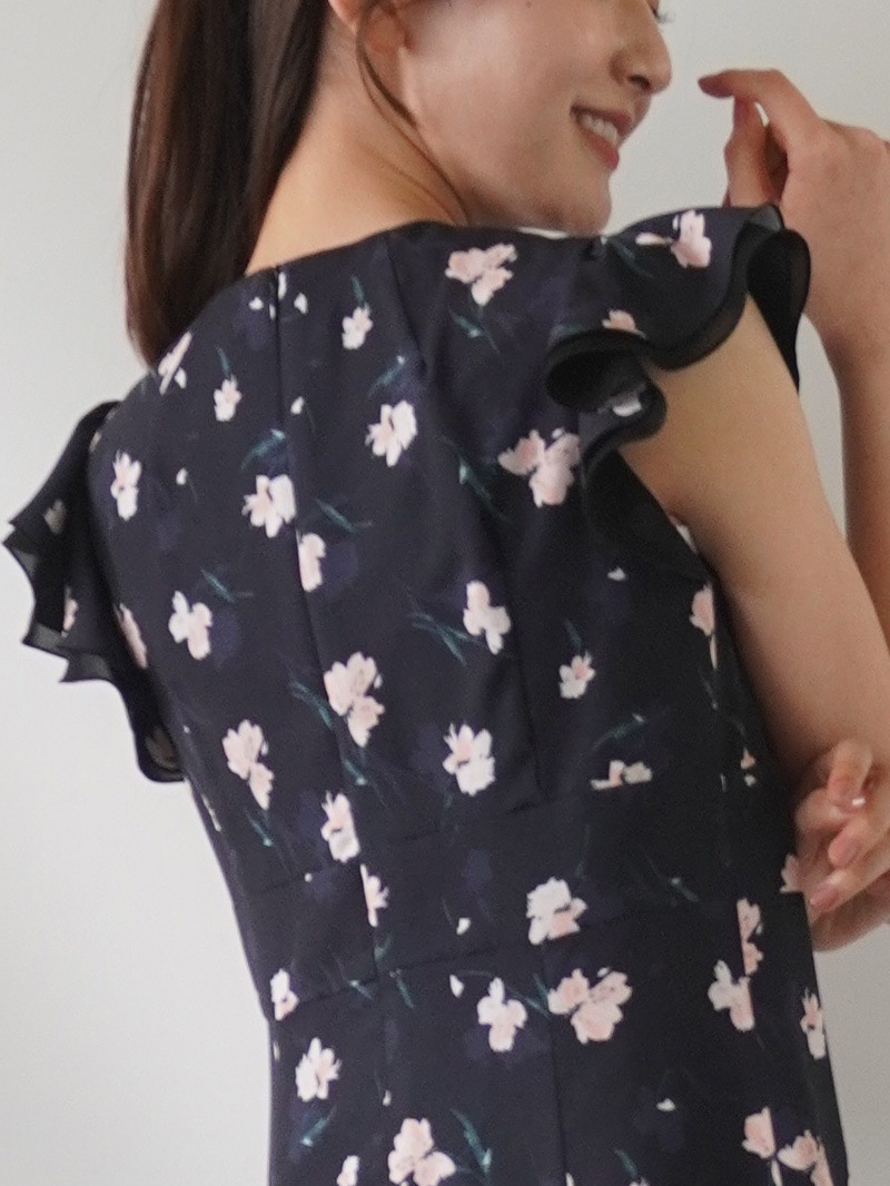 【20％OFF】花柄プリントフリル袖ワンピース
