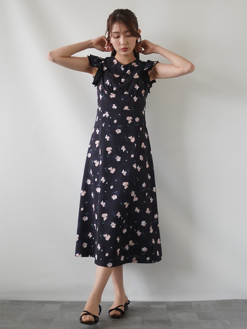【20％OFF】花柄プリントフリル袖ワンピース