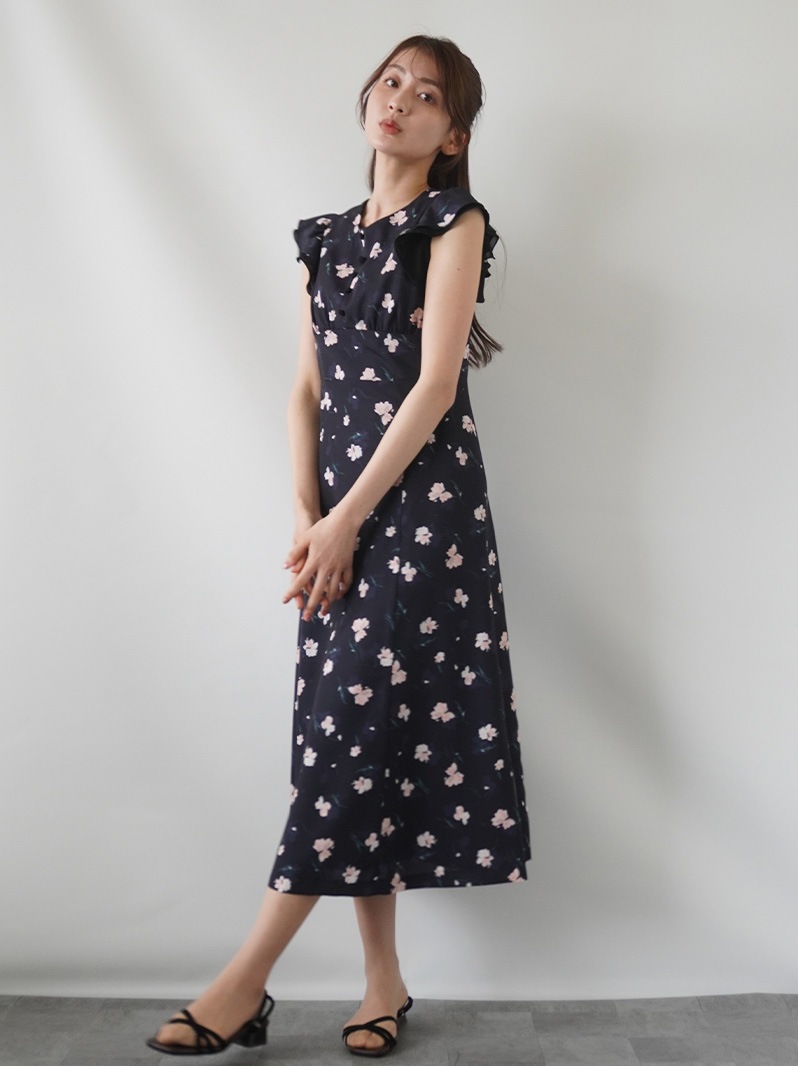 【20％OFF】花柄プリントフリル袖ワンピース