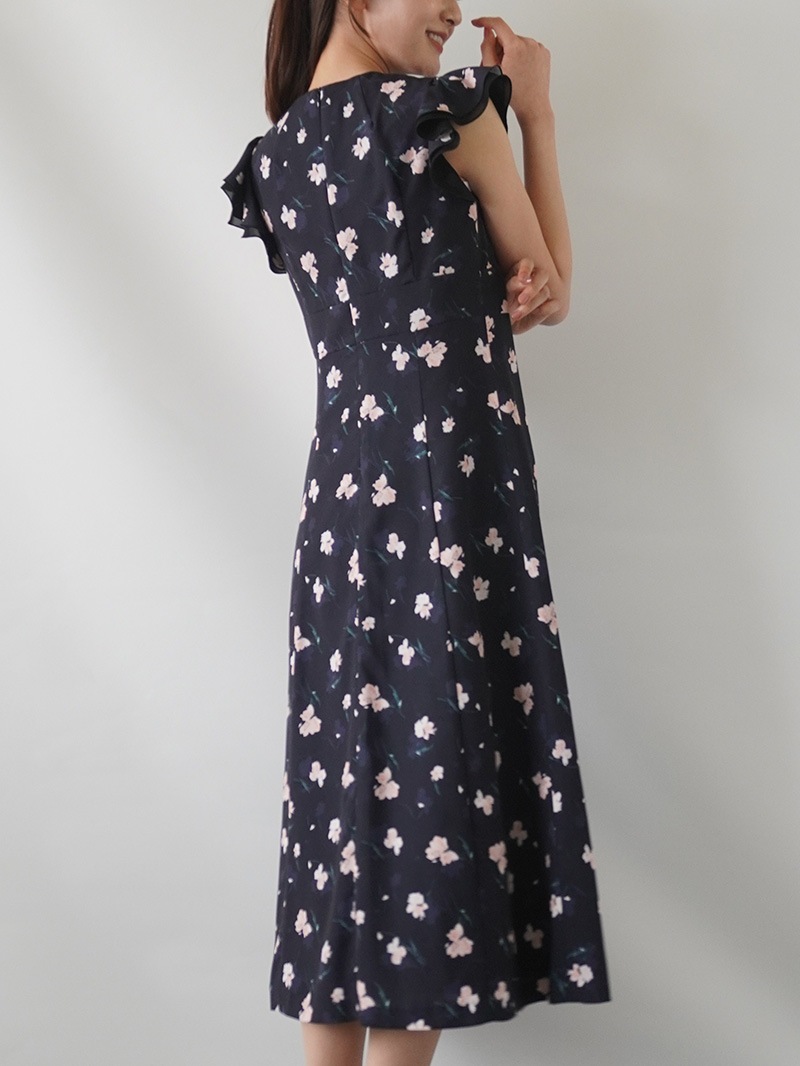 【20％OFF】花柄プリントフリル袖ワンピース