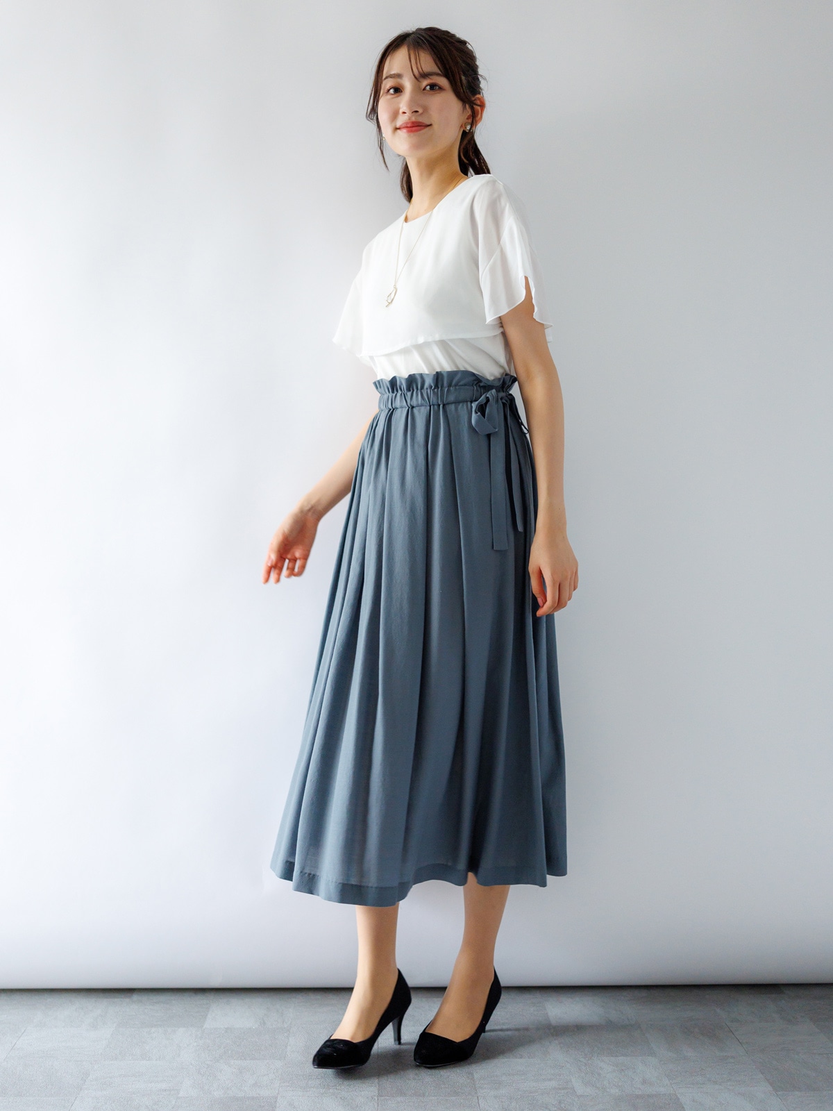 訳あり】ウエストゴムリボン付タックスカート(507551A/ベージュ/M