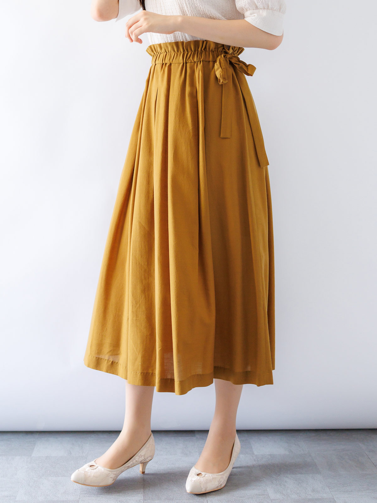 訳あり】ウエストゴムリボン付タックスカート(507551A/ベージュ/M